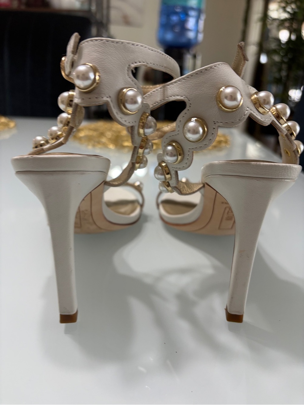 DeltanPearl-Trim Ankle Strap Heels in Cream - Picture 5 of 8
